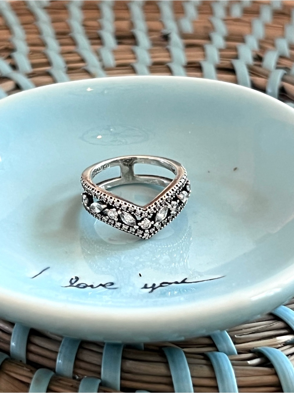 Pandora Silver V-Shape Ring with Clear Stones